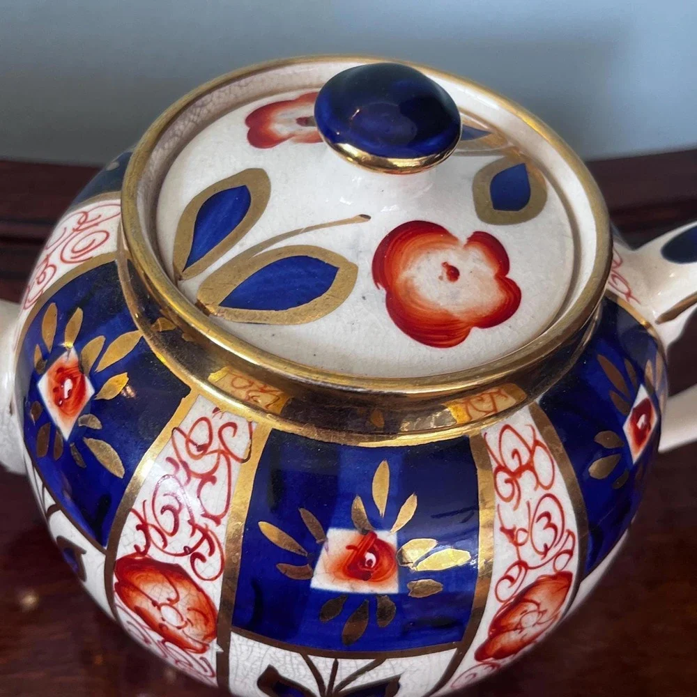 Sudlows Burlesom Gaudy Welsh‎ Tea Pot Cobalt Blue, rust and gold pattern